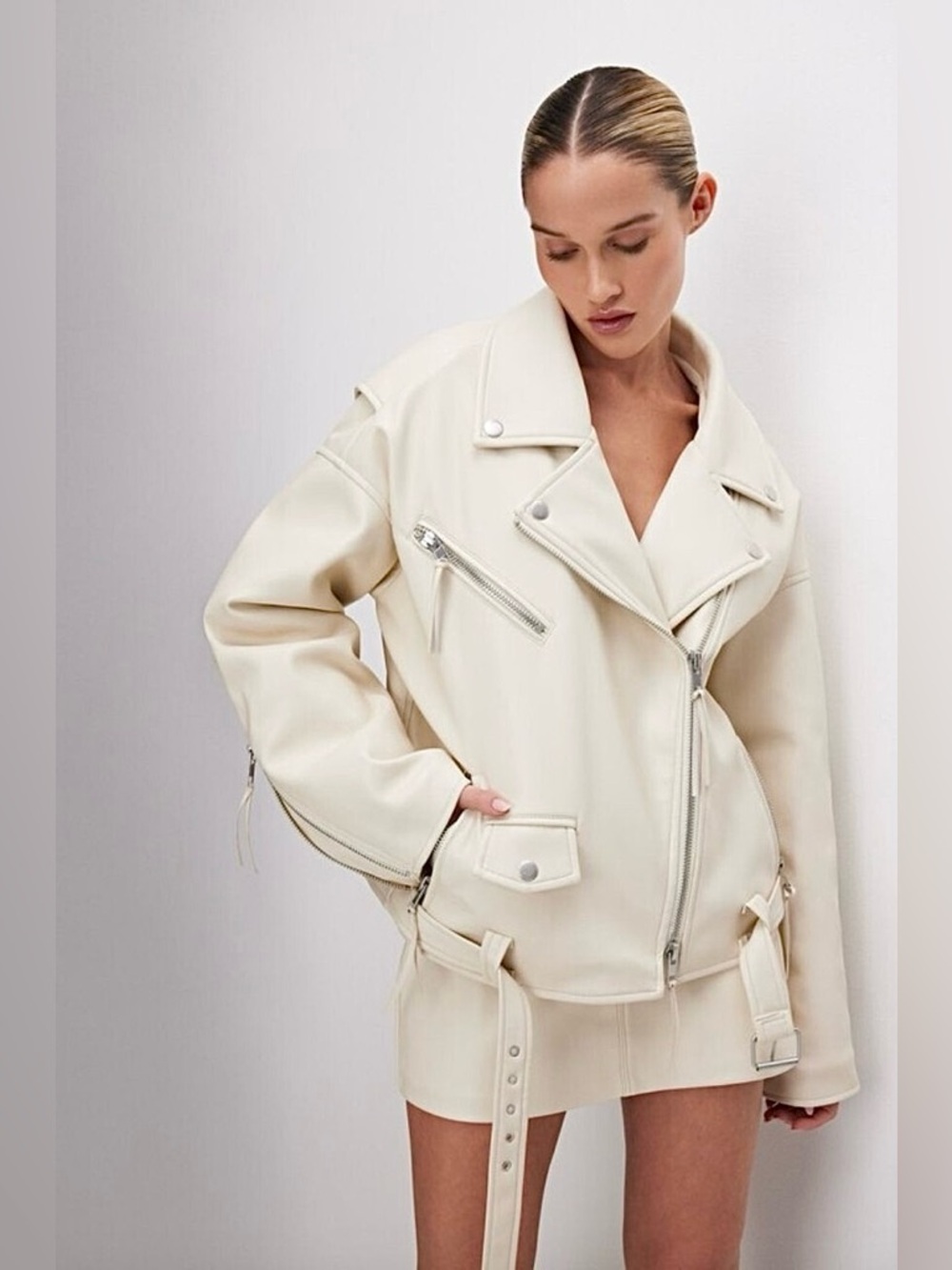 Good American Bone Faux Leather Oversized Moto Jacket